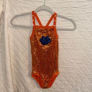 Twinkle & Twirl Orange Sequin Girls Leotard with Blue Paw Design (XXL/7-8T)